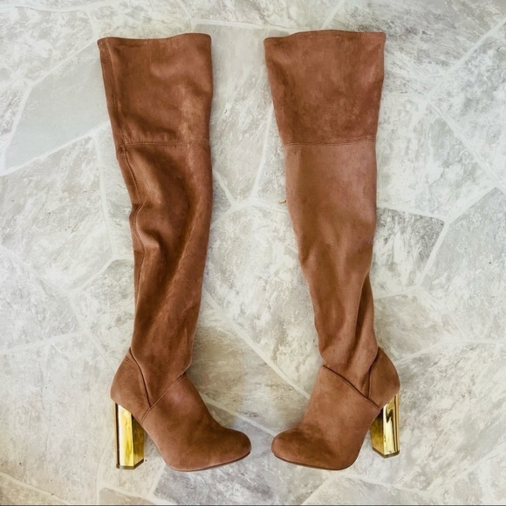 NWOT BAMBOO tan nude vegan faux suede tall high golden heel boots size 7